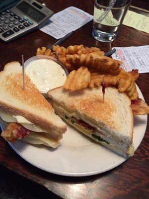 Grilled cheese with bacon and jalapeños with waffle fries.