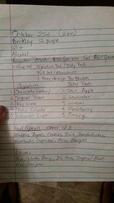 This was the written list the owner gave us  of options, prices and food. None of it went like it was supposed to.