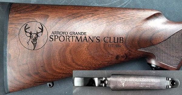 Grand Awards has the capability to machine etch, laser etch or sandblast just about anything. Here is a rifle stock and trigger guard.