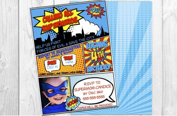 Comic book super hero 4th Birthday Invitation