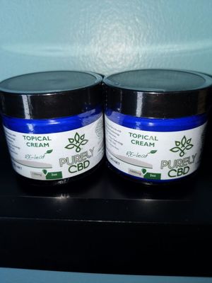 Purely-CBD 500 mg 2 oz pain cream for sore joints and back. Works great for sore spots and has a lasting effect.