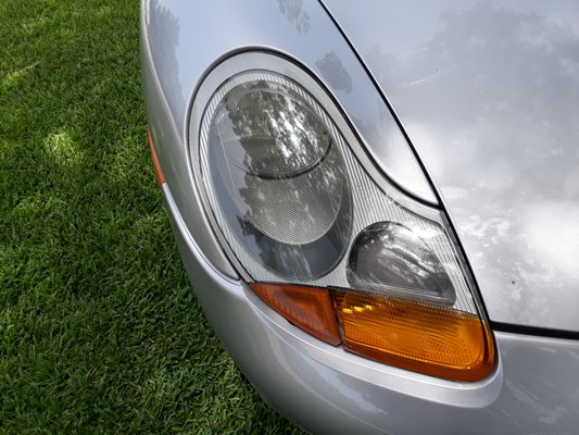 One of the car headlights after restoration process has been applied.