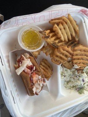 Lobster roll with fries and coleslaw