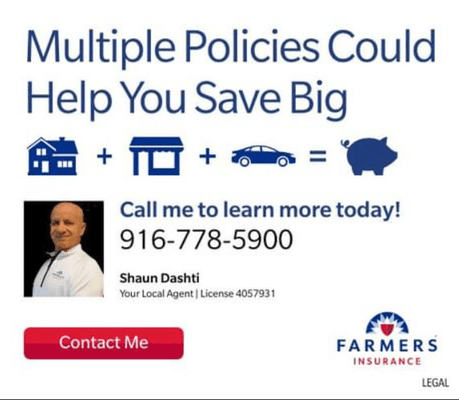 Save money through bundling multiple policies! Contact me today to learn more.