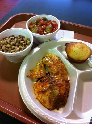 Grilled catfish + black eyed peas + okra and tomatoes + cornbread