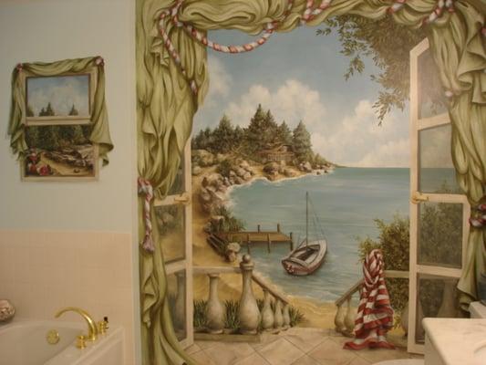 Hand painted mural in master bath.