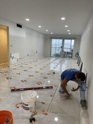 Porcelain flooring installation