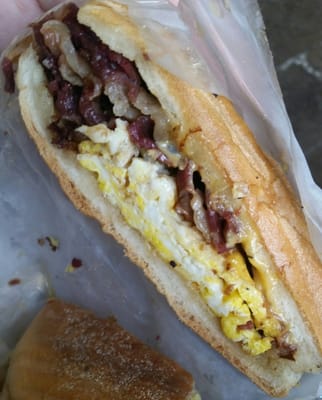 Bacon,  egg and cheese on a roll.  Delicious!