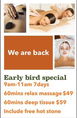 EARLY BIRD SPECIAL IS CAME BACK
PLEASE GIVE US CALL AND MAKE AN APPOINTMENT