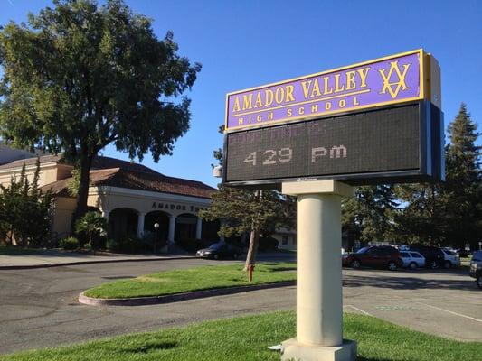 Electronic billboard and Amador Theater at the front of Amador Valley High School.