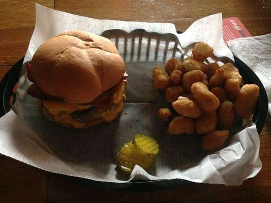 Double bacon melty cheese burger with delicious cheese curds