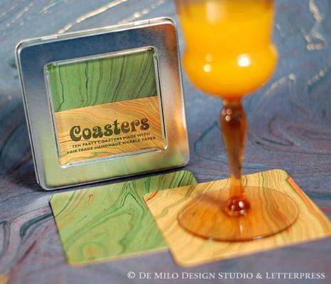 Beverage coasters made from fair trade handmade marble paper.