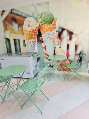 Enjoy your gelato or Italian ice indoors or on our cozy outdoor patio