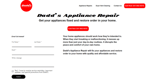 Dadd's Appliance Repair Homepage - Top