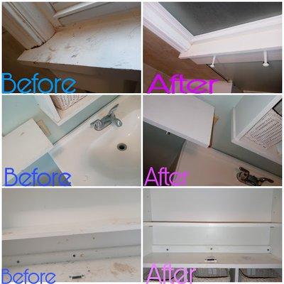 Bathroom window seals, countertops and shelve before and after clean