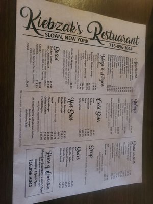 Menu for the restaurant/bar