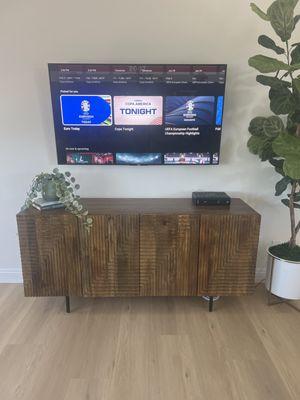 Media console and faux fig leaf tree