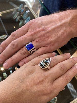 Lapis lazuli ring, black jade with opals ring