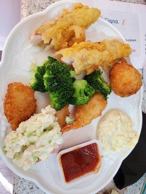 my plate shrimp fish broccoli  and slaw