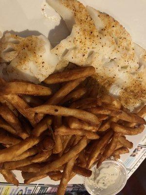 Baked fish w bay seasoning and beer battered French fries