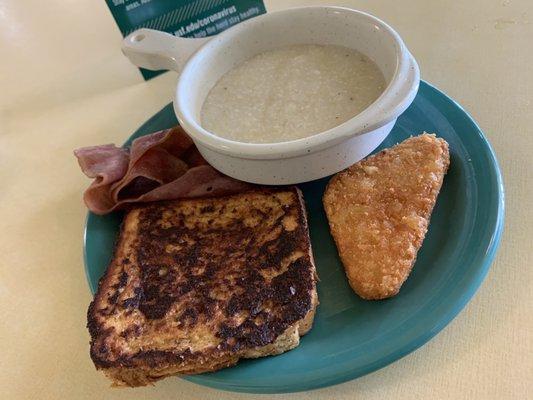 Grits, Hash Brown, French Toast, & Bacon.