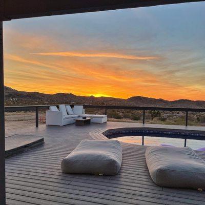 Pool, deck, sunset.