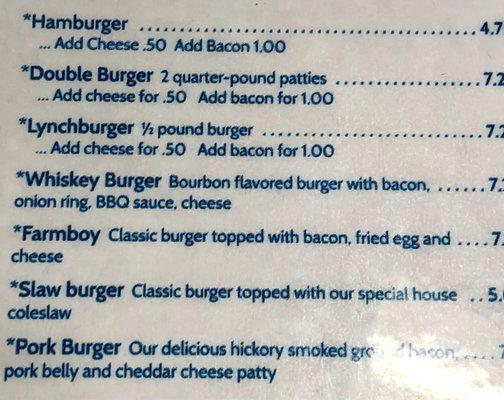 Whiskey Burger. $7.25 (1/4#) cooked well done. Needed more BBQ