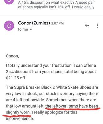 Email where "customer service" tells me they resell used items.