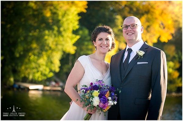 We outfitted the groom in a gray three-piece suit in their November 2015 wedding in Wisconsin.