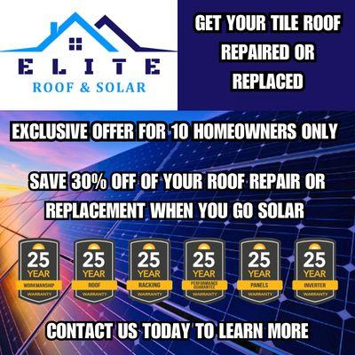 Save 30% off of your tile roofing services when you go solar!