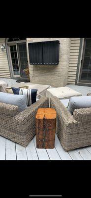 Outdoor side table made from support beams from a warehouse in the Cleveland Flats