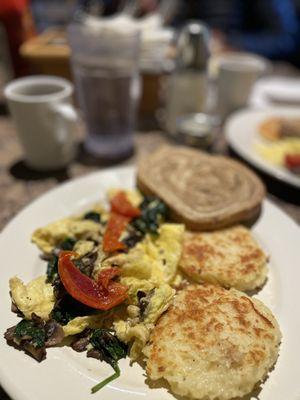 Veggie Scramble with Crispy Potato Cakes and Rye Bread