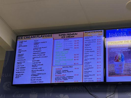 Ice cream menu