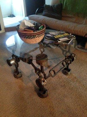 Custom coffee table made from pistons and connecting rods