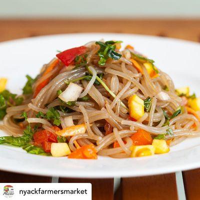 Rice Noodles with Seasonal Vegetables Tamari Sauce vegan/gluten-free