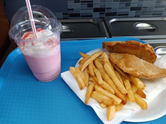 Empanadas fries & a strawberry milk shake