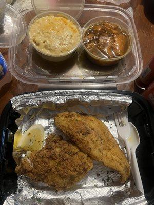 Fried catfish, mac & cheese, sweet potatoes