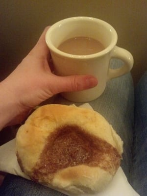 My carefully chosen lovefeast bun. And chocolate milk.