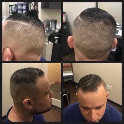 Comb over fade, marked line, skin fade