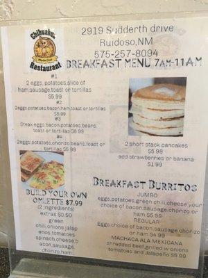 Front of breakfast menu