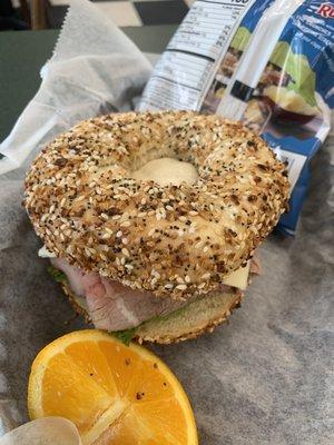 Roast beef and horseradish on everything bagel