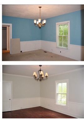 Update Living room Space: Interior » Living Room New crown molding, smoothed textured ceilings, new flooring, light fixture, and paint.