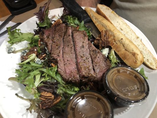 Sirloin steak, salad and garlic bread