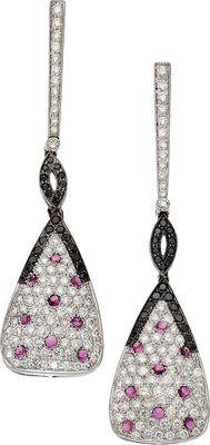 Eli Frei pink sapphire, black and white diamond earring.