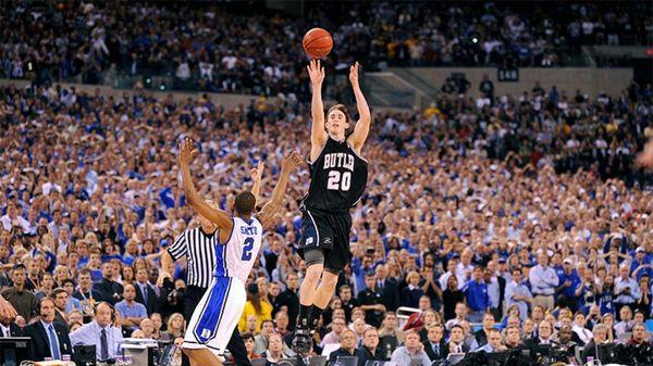 The famous last shot attempt by Gordon Hayward in the 2010 NCAA Division I Men's Basketball Championship game against Duke.