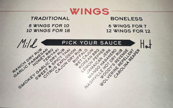 Wing, sauce and heat level. Mondays have great wing specials!!!