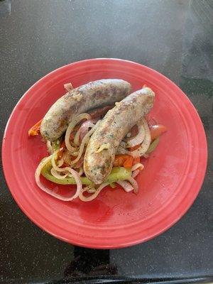 Hot italian sausage with peppers and onion. Yummy.