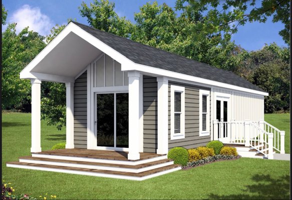 The Suburban Tiny Home Offred at 560 livable sqft. + 80 sqft of a covered porch.  equipped with 1 bedroom, living room, bathroom, & kitchen