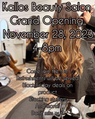 Kallos beauty's Grand Opening is November 28,2023! Come check it out!