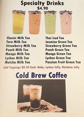 Milk Tea & Green Tea (with Boba, Jelly); Cold Brew Coffee, Iced Tea